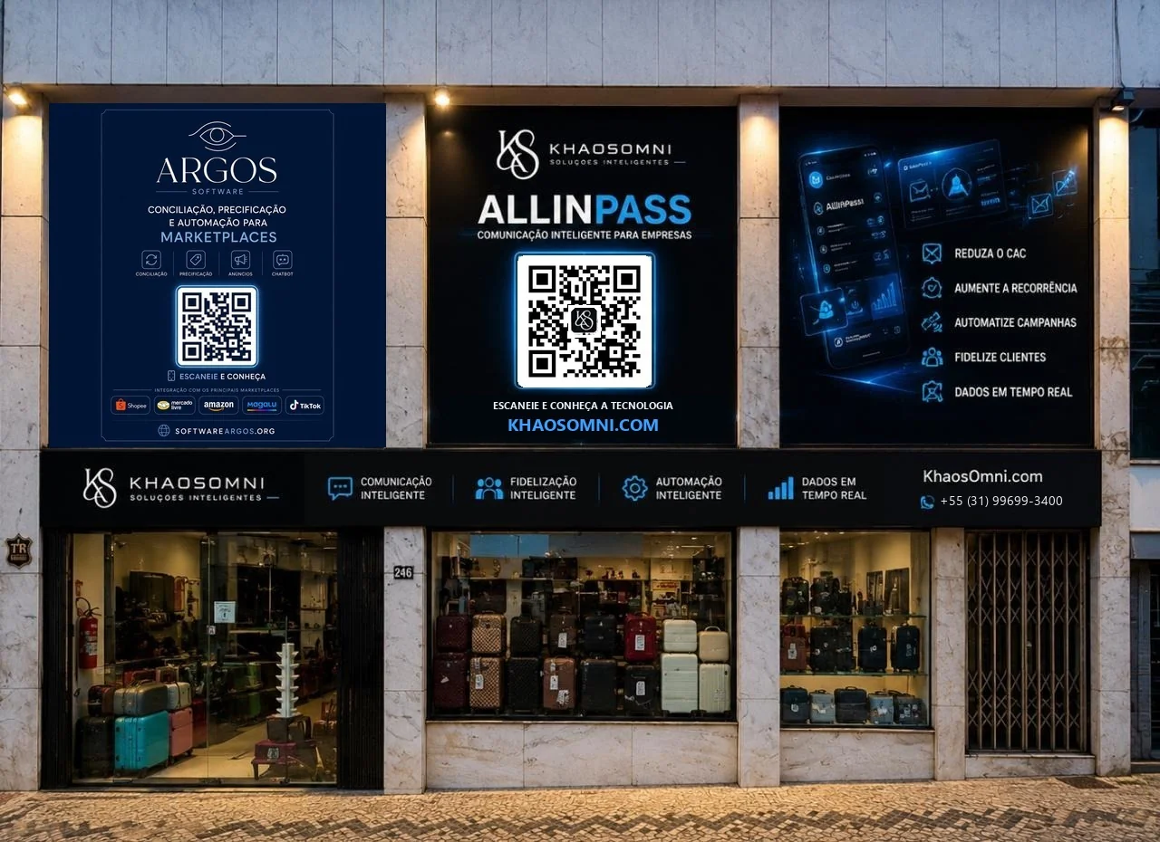 Fachada da Khaos Omni na Av. Bias Fortes, 246, em Belo Horizonte, com os painéis do Argos e do AllinPass acima da vitrine de malas